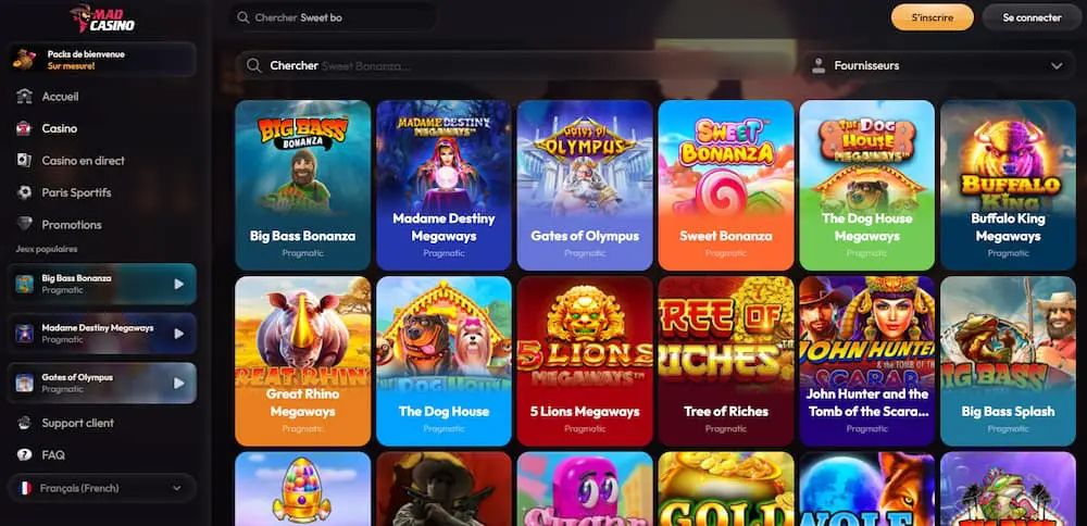 Interface du casino Mad Casino — catalogue de slots Pragmatic Play