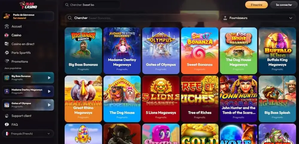 Interface du casino Mad Casino — catalogue de slots Pragmatic Play